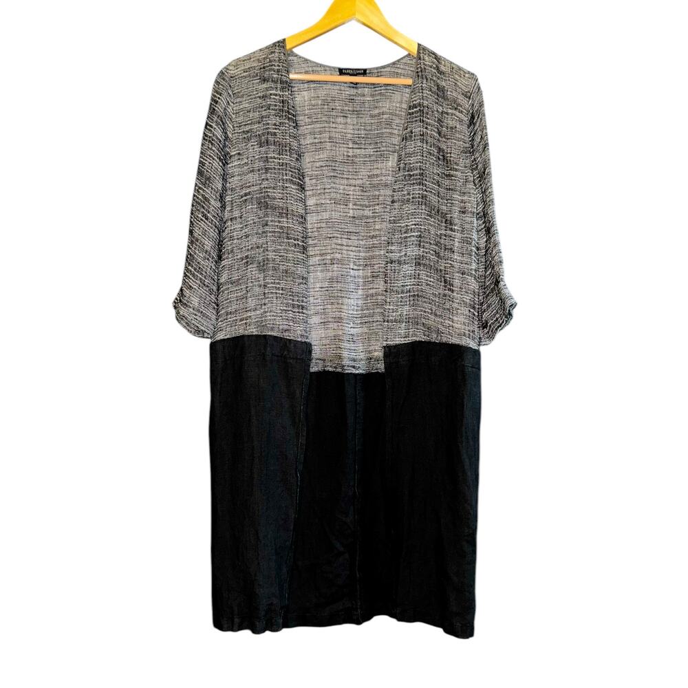 Eileen Fisher‎ Linen Blend Silk Trim Longline Open Cardigan Womens PETITE Medium